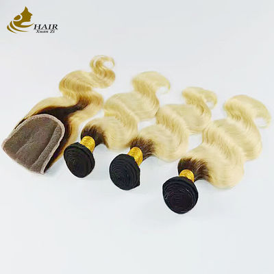 1B Blonde Ombre Human Hair Extensions Remy Weave Wig Bundles With Closure