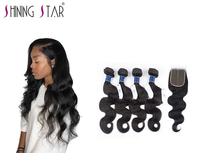 Double Drawn Unprocessed Body Wave Human Hair Weave With Closure