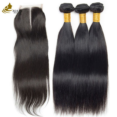 OEM 18 Inches Natural Black Straight Raw Virgin Human Hair Bundles With Closure