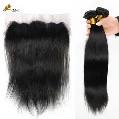 Straight Remy Brazilian Human Hair Bundle Weft With 13*4 Lace Frontal Closure