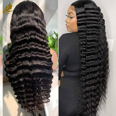 Deep Curly Wave Customized Human Hair Wigs Natural Black Virgin Hair 13*4 Front Lace Wig